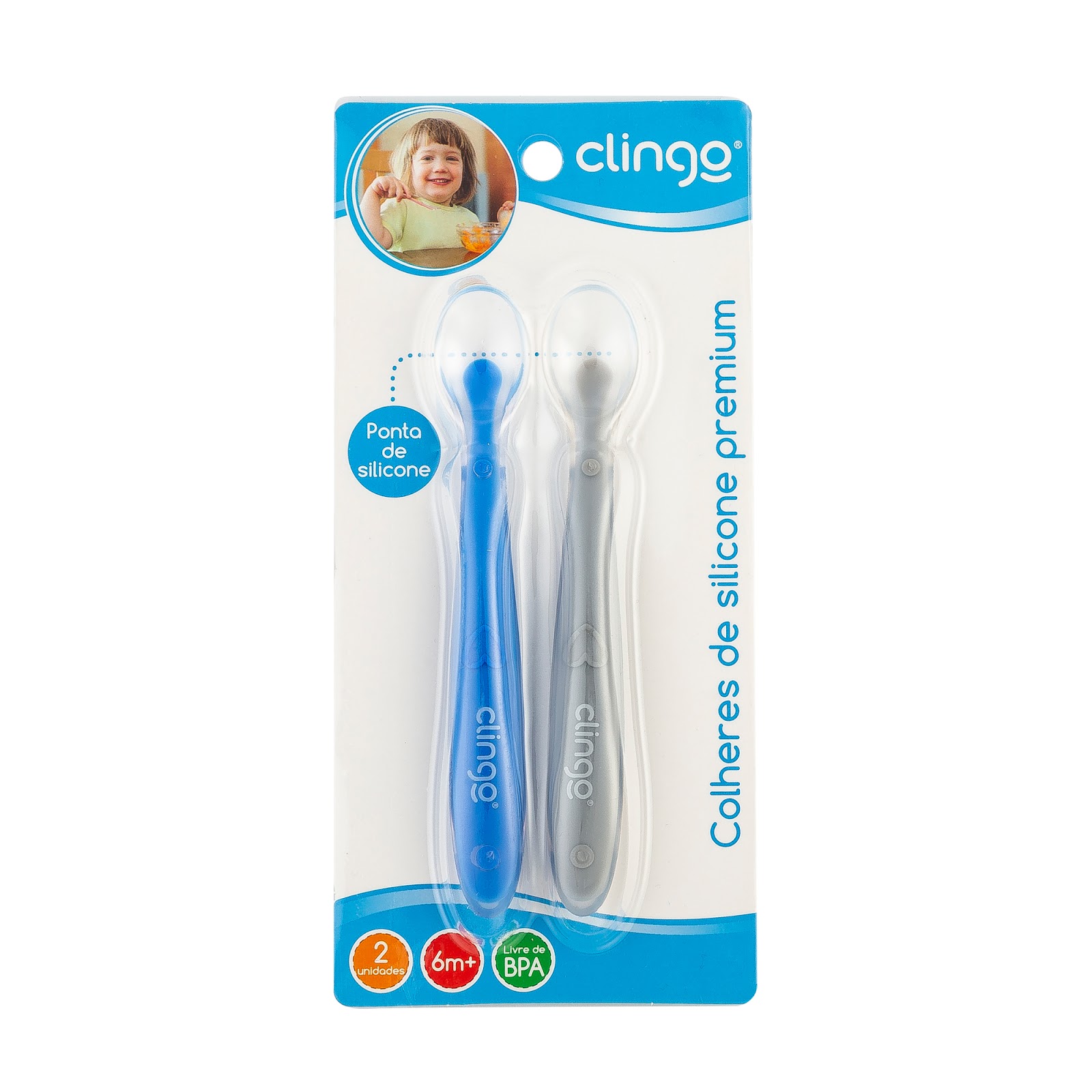 Colheres Silicone Premium Clingo - Cores Azul e Cinza - 2 Unidades