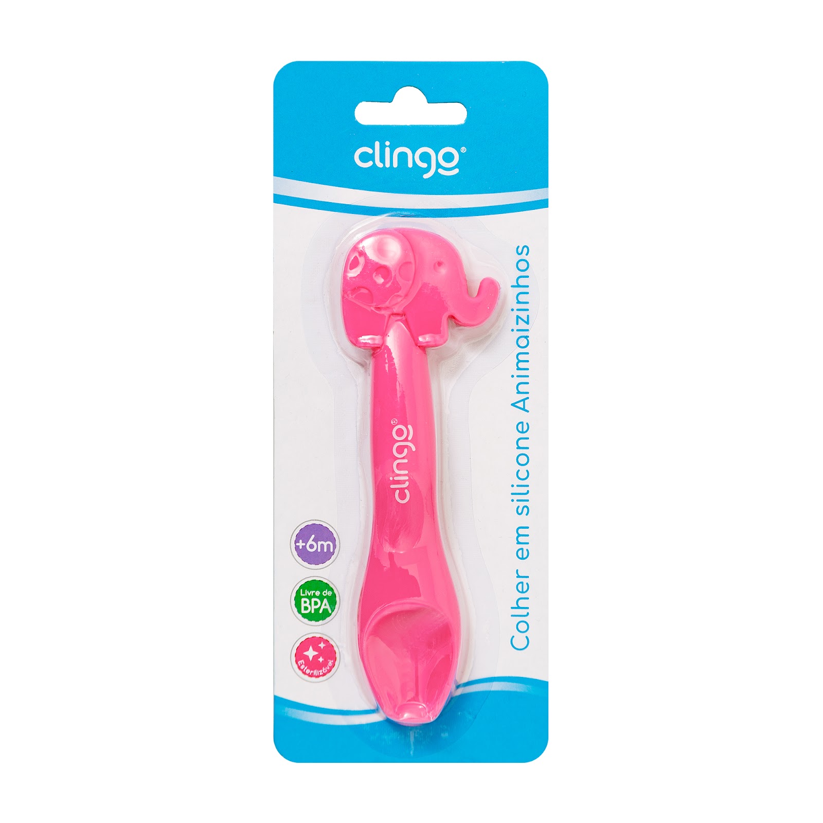 Colher em Silicone Premium Elefante Rosa Seguro para as Gengivas do Bebê