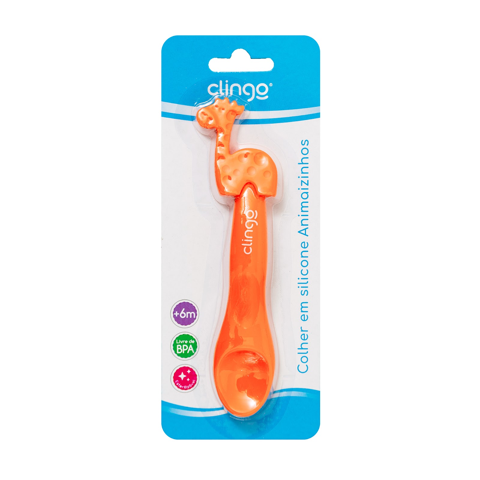Colher em Silicone Premium Girafa Laranja Seguro para as Gengivas do Bebê