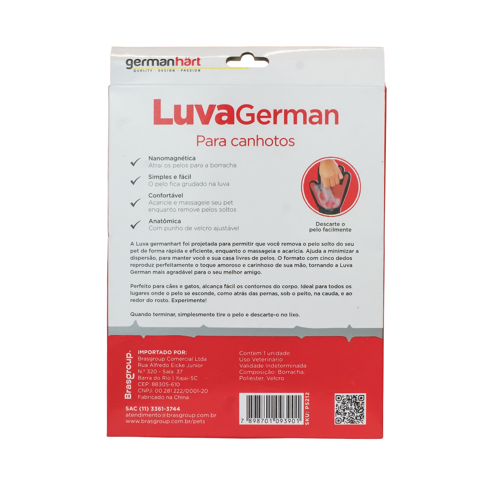 Luva Tira Pelos Canhota Vermelho Cães e Gatos - Germanhart