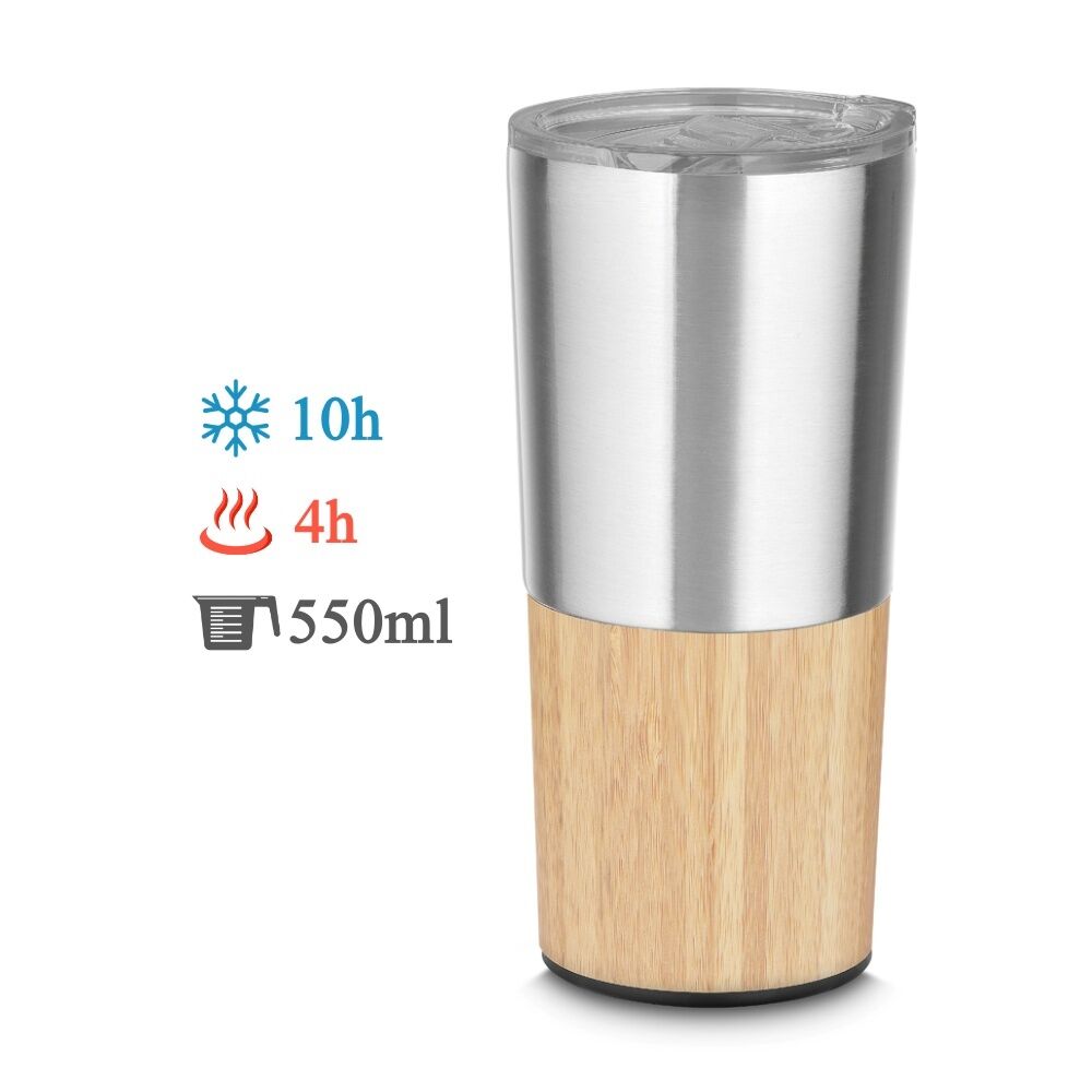 Copo Térmico Bambu em Aço Inox Parede Dupla 550ml Prata