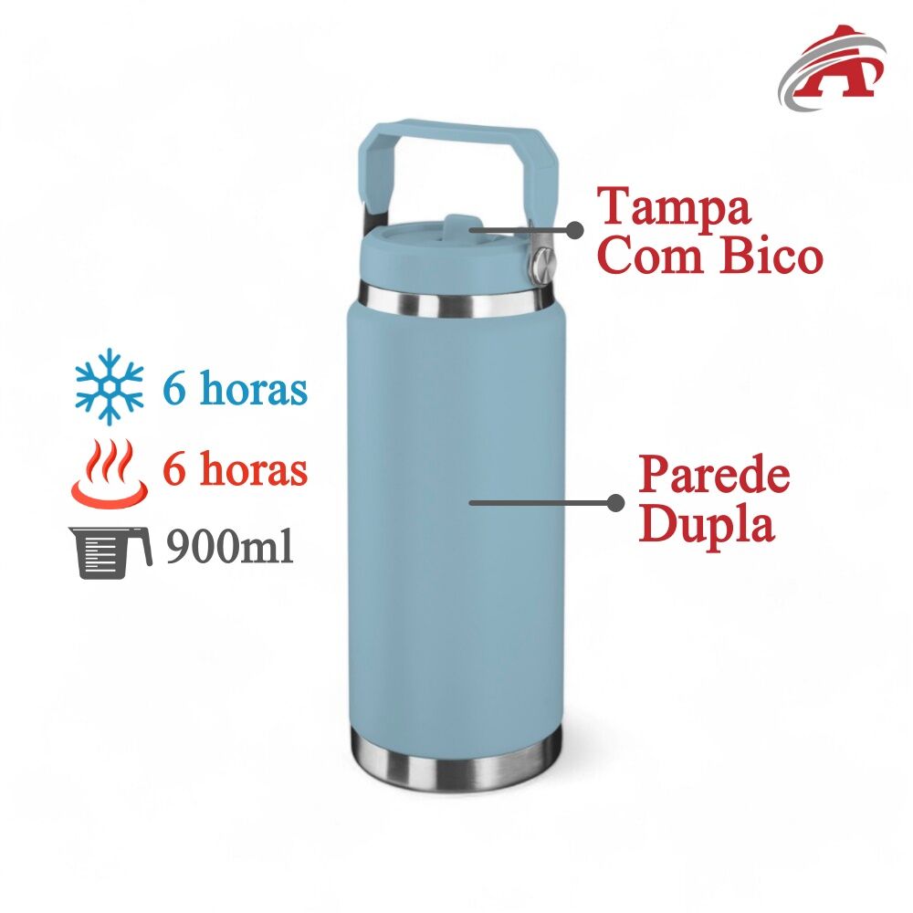 Garrafa Térmica Parede Dupla em Aço Inox Azul 900ml com Alça