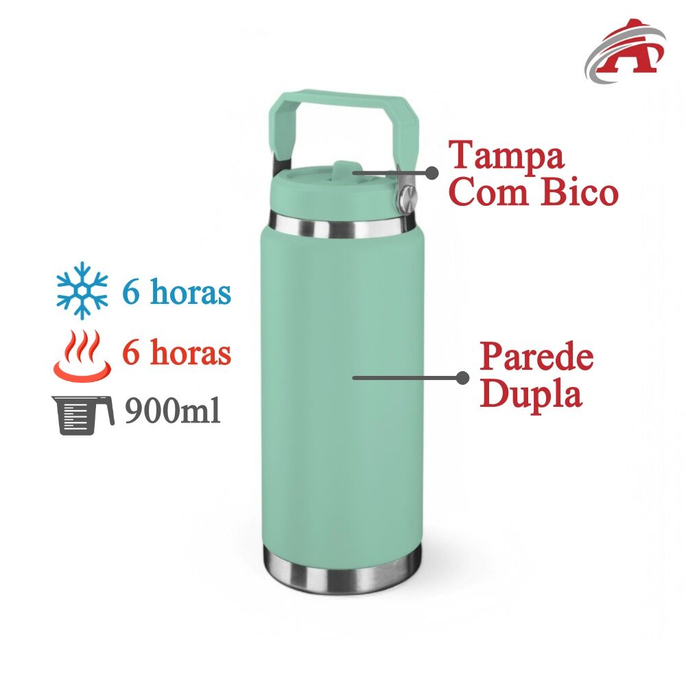 Garrafa Térmica Parede Dupla em Aço Inox Verde 900ml com Alça