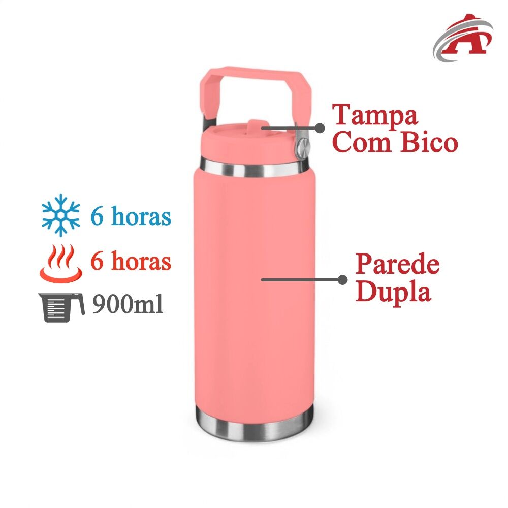 Garrafa Térmica Parede Dupla em Aço Inox Rosa 900ml com Alça