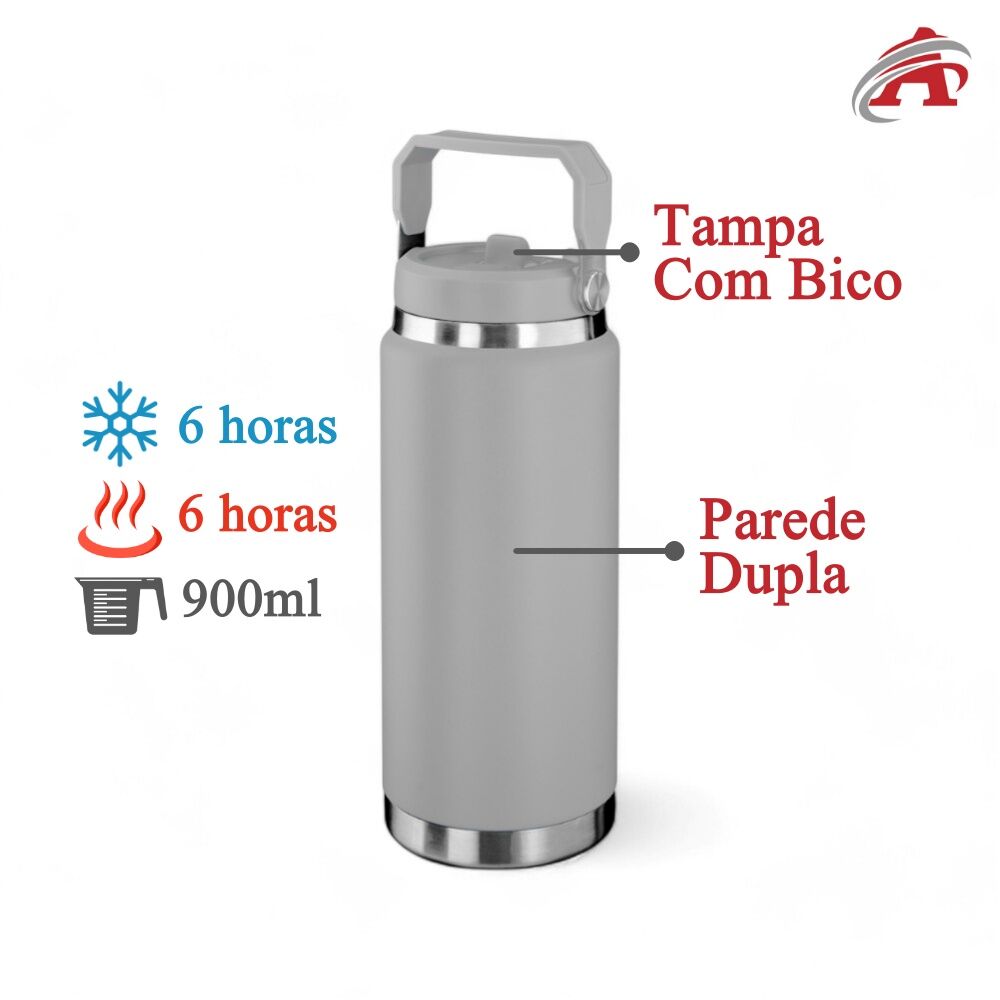 Garrafa Térmica Parede Dupla em Aço Inox Cinza 900ml com Alça