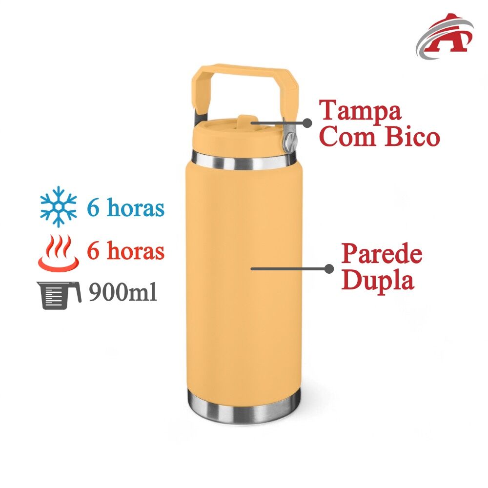Garrafa Térmica Parede Dupla em Aço Inox Amarela 900ml com Alça