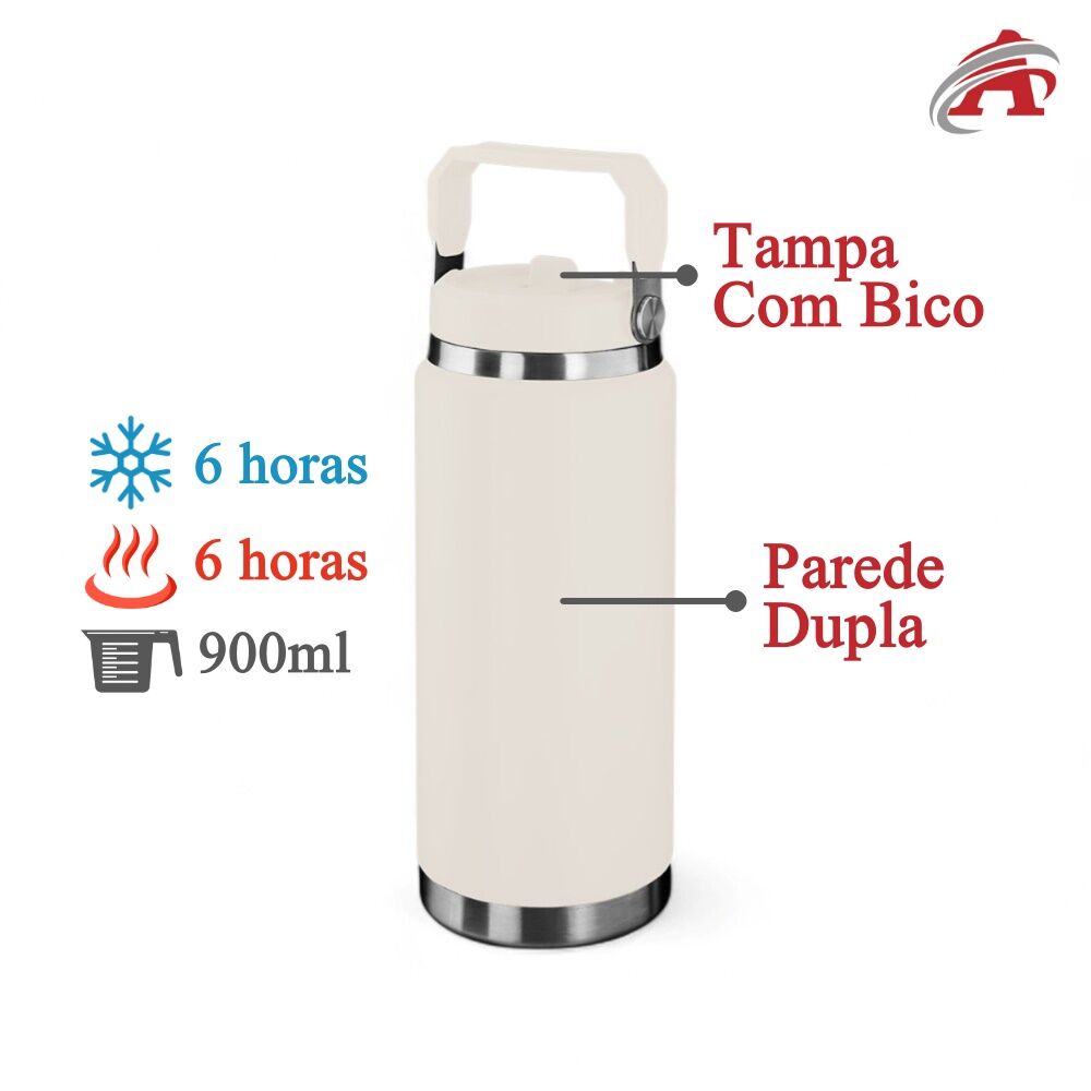 Garrafa Térmica Parede Dupla em Aço Inox Branca 900ml com Alça