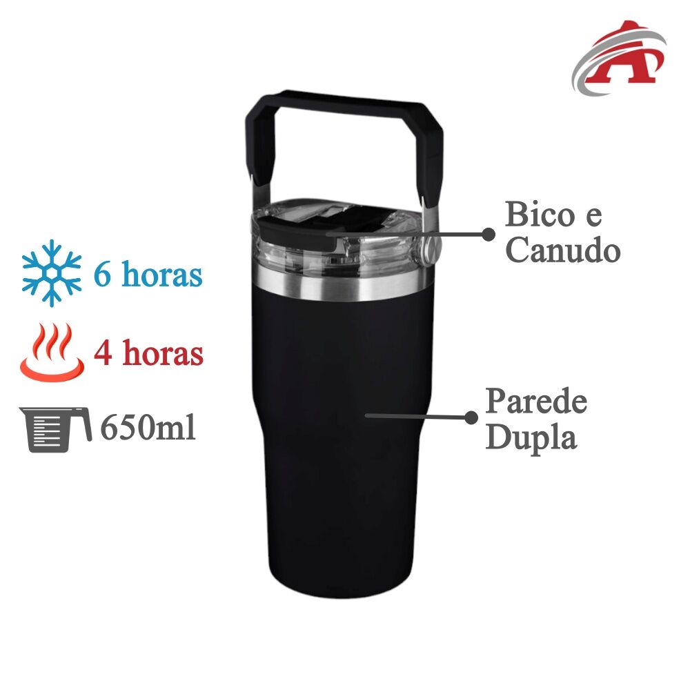 Garrafa Copo Térmico 650 ml Parede Dupla em Aço Inox com Alça Quente ou Fria Designe Moderno Cor Preta