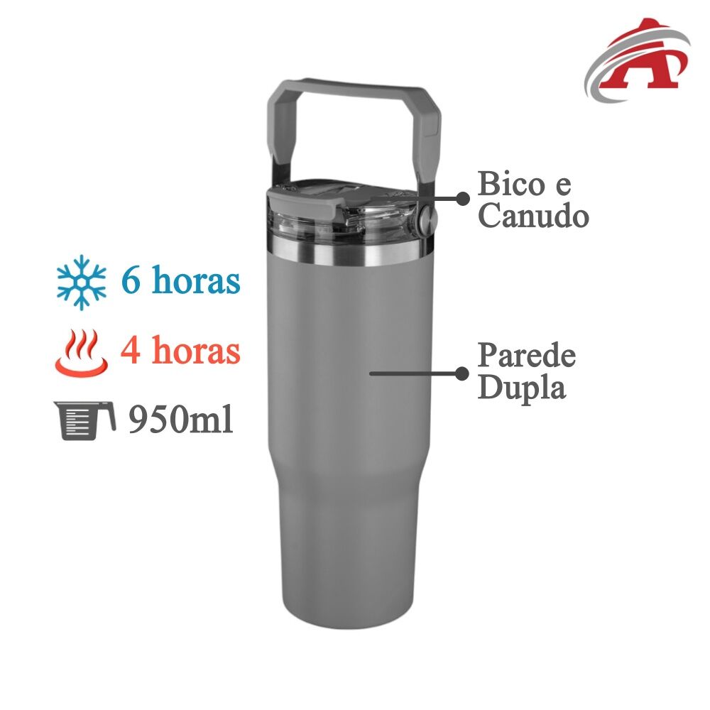Garrafa Copo Térmico Parede Dupla em Aço Inox Cinza 950ml
