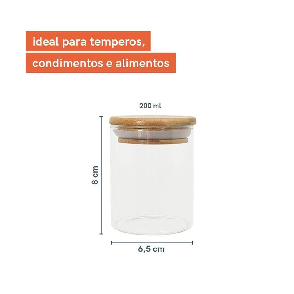 Pote de Vidro Empilhável 200ml com Tampa de Bambu Circular