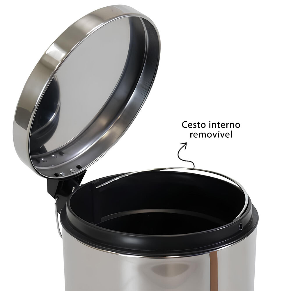 Lixeira de Inox Redonda 8L com Pedal e Cesto Removível