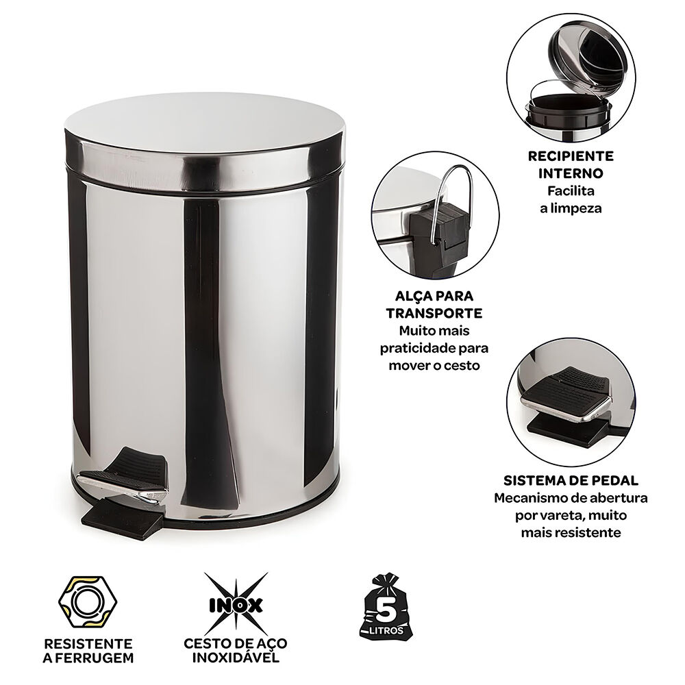 Lixeira de Chão Inox 5L com Pedal Compacta