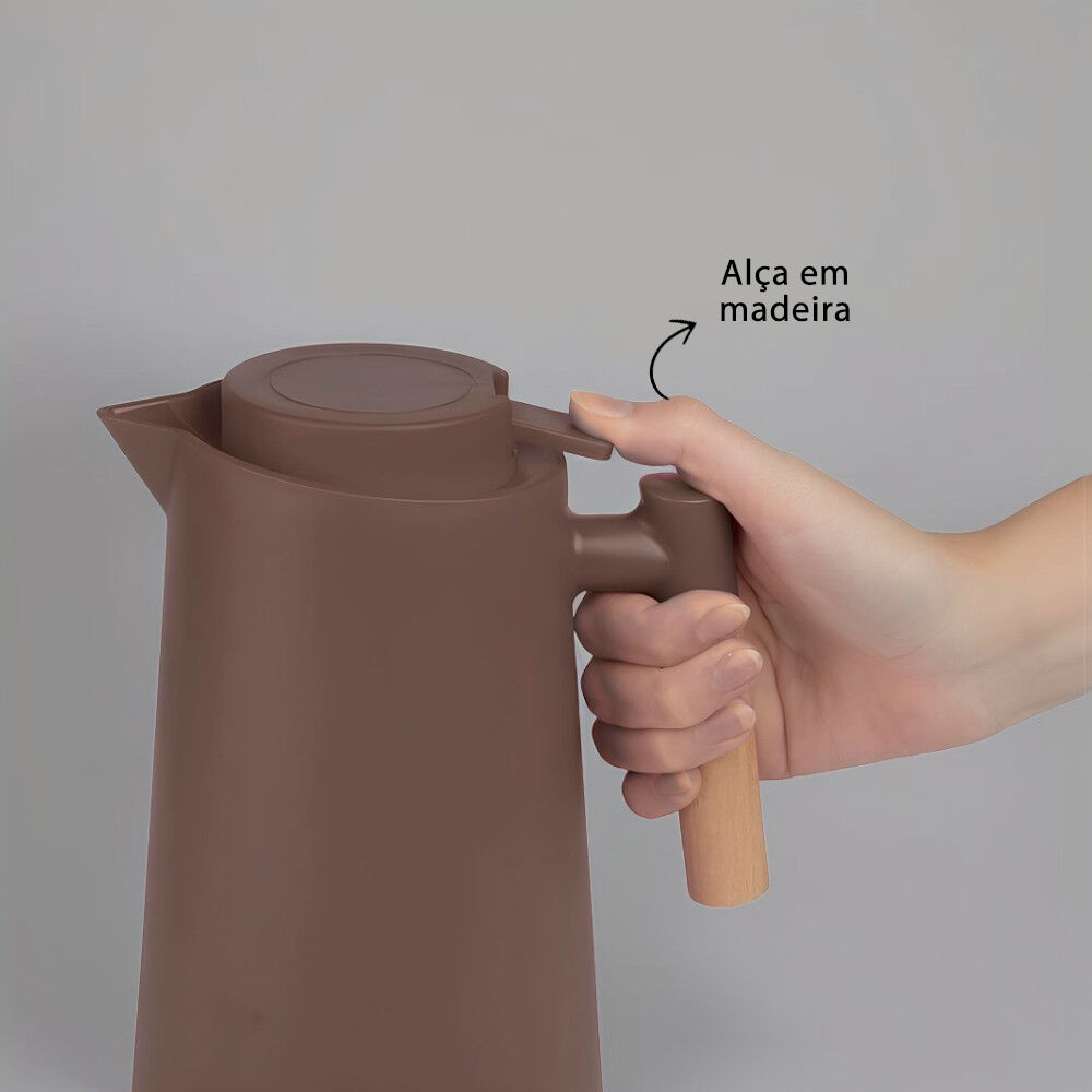 Garrafa Térmica Bule 1 Litro Parede Dupla com Ampola de Vidro e Alça de Madeira Preta