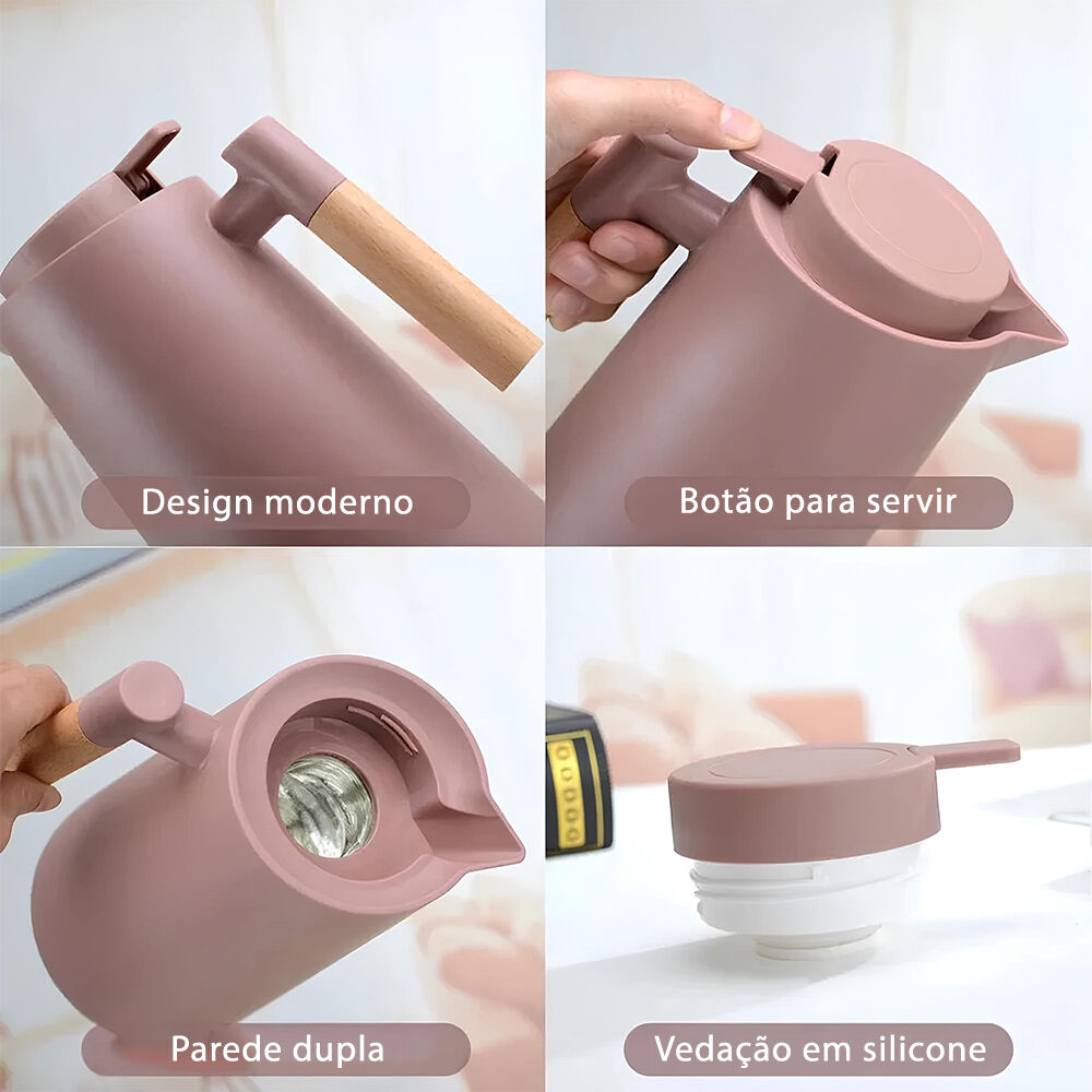 Garrafa Térmica Bule 1 Litro Parede Dupla com Ampola de Vidro e Alça de Madeira Marrom