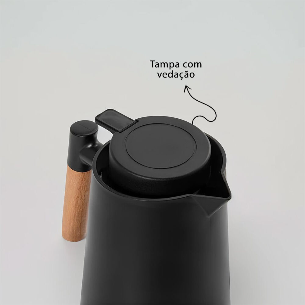 Garrafa Térmica Bule 1 Litro Parede Dupla com Ampola de Vidro e Alça de Madeira Branca