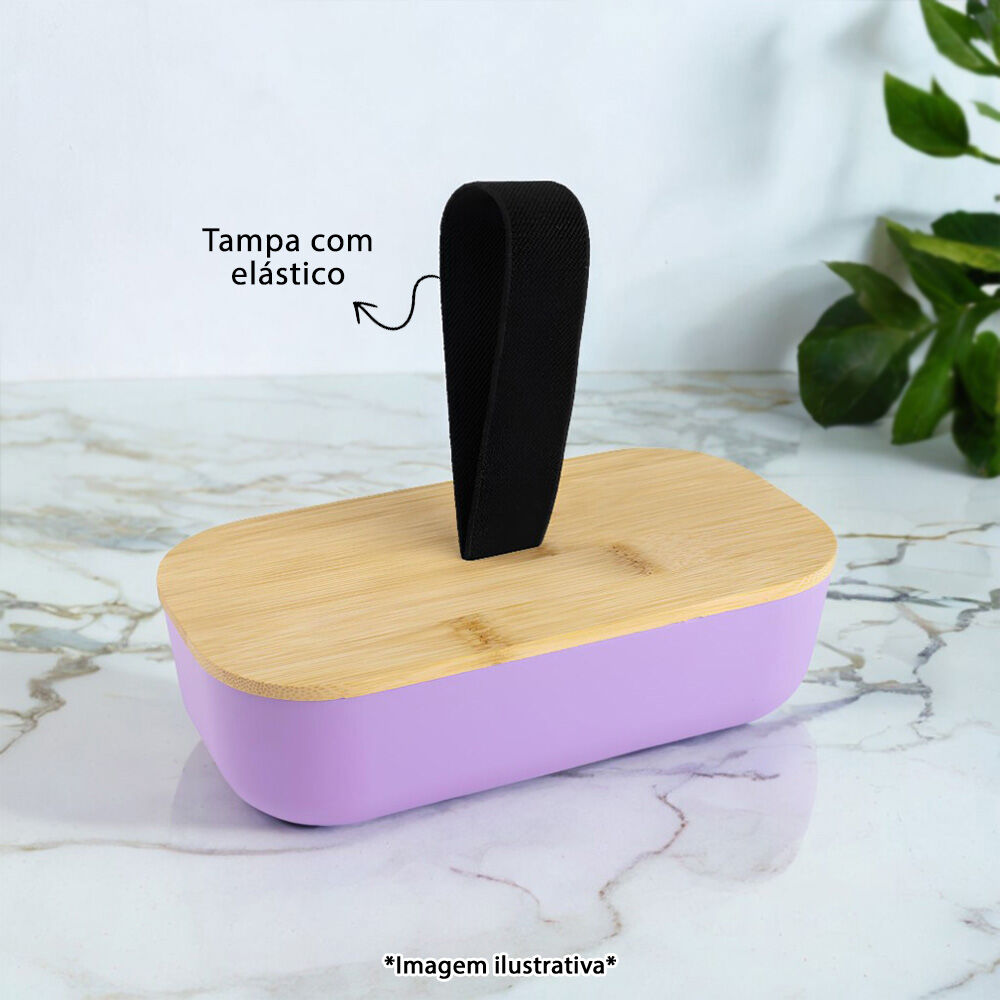 Lancheira Plástica 700ml com Tampa de Bambu com Elástico Amarela