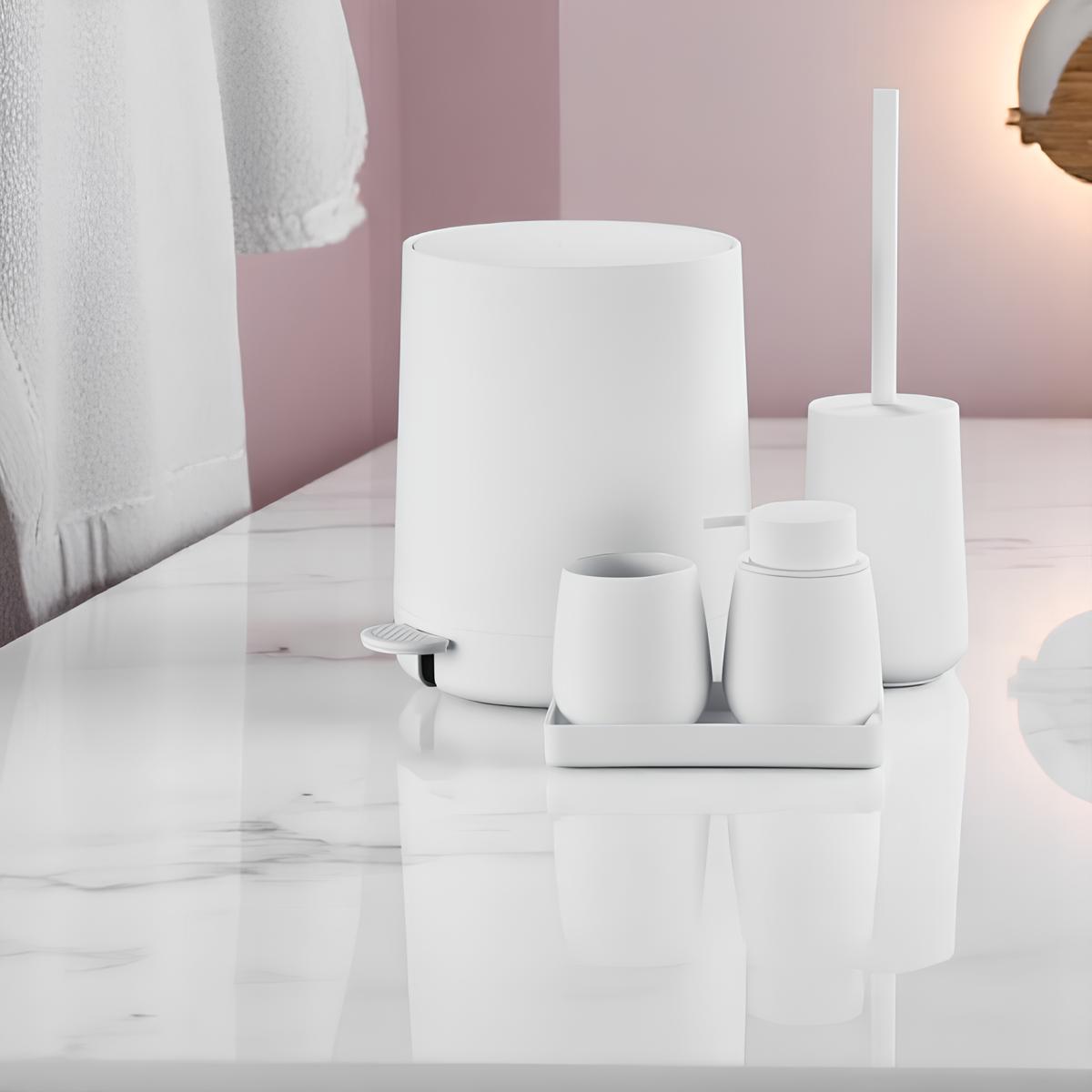 Conjunto para Banheiro 5 Peças Branco Mood - Escova Sanitária, Lixeira, Porta-Escova, Dispenser e Bandeja