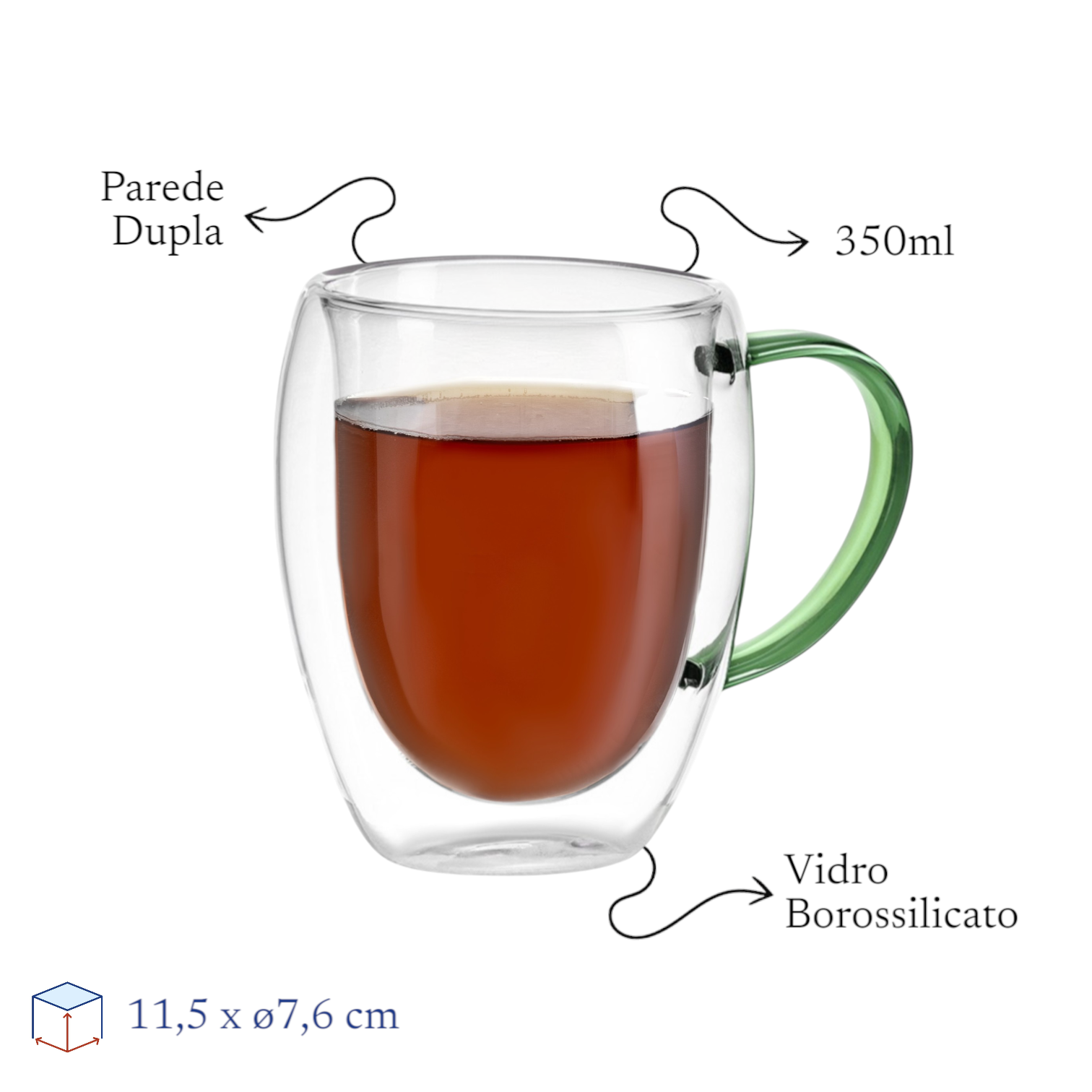 Kit 2 Xícaras em Vidro Borossilicato Parede Dupla 350ml Verde