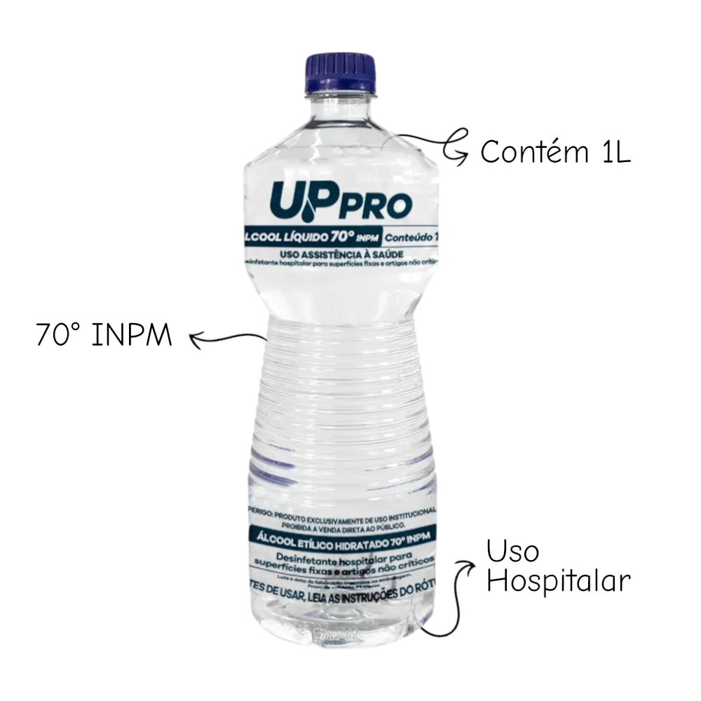 Álcool Líquido 70% 1L UPPRO – Desinfetante Hospitalar Antisséptico Multiuso