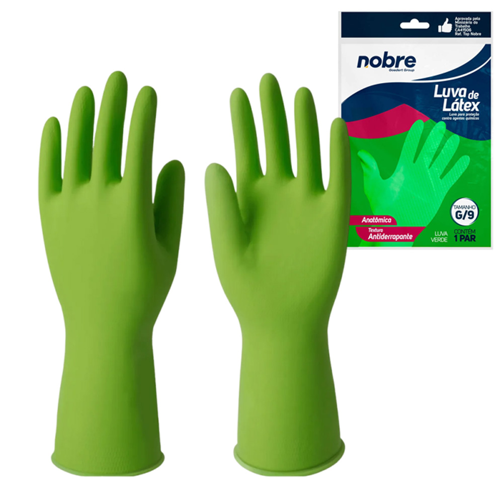 Par de Luvas Nobre Látex M p/ Agentes Químicos Resistente e Segura Verde