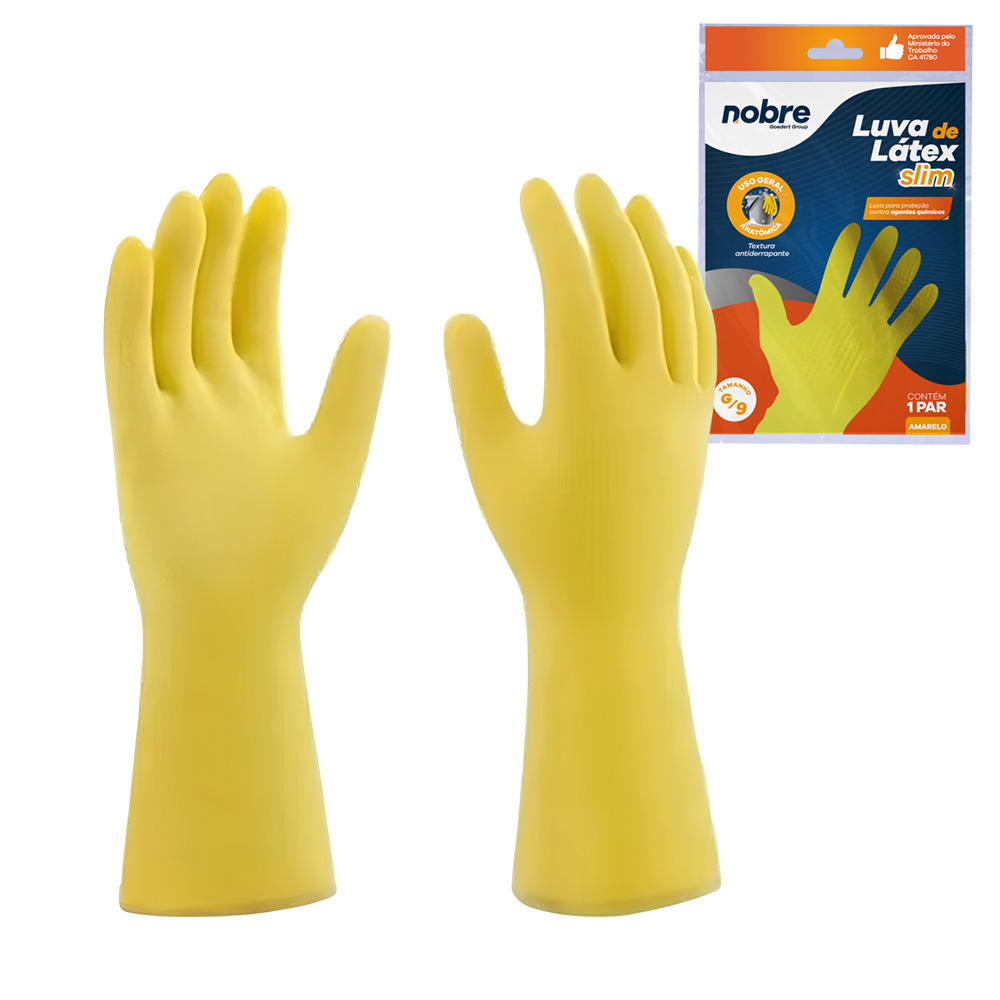 Par de Luvas Nobre Látex P p/ Agentes Químicos Resistente e Segura Amarelo