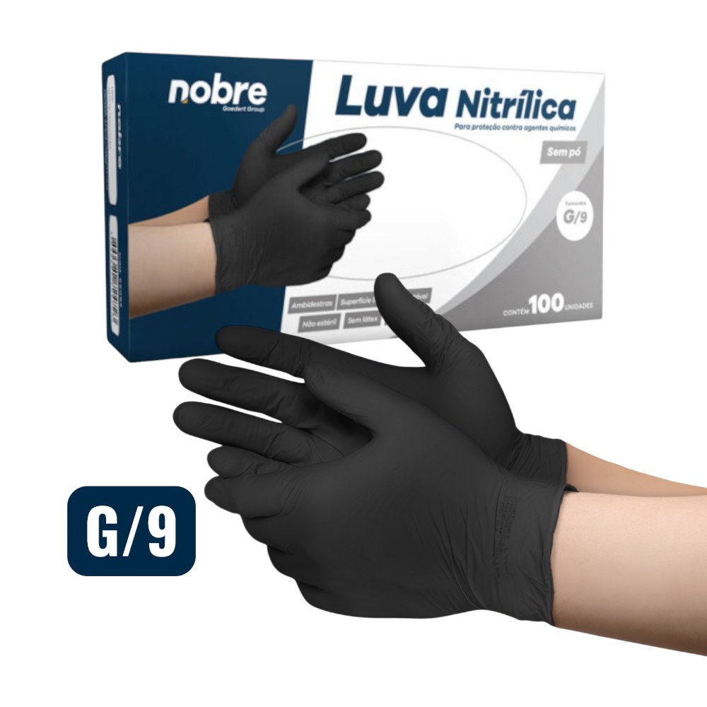 Caixa com 100 Luvas Nitrílicas sem Pó G Nobre Proteção Químicos Descartável Preta