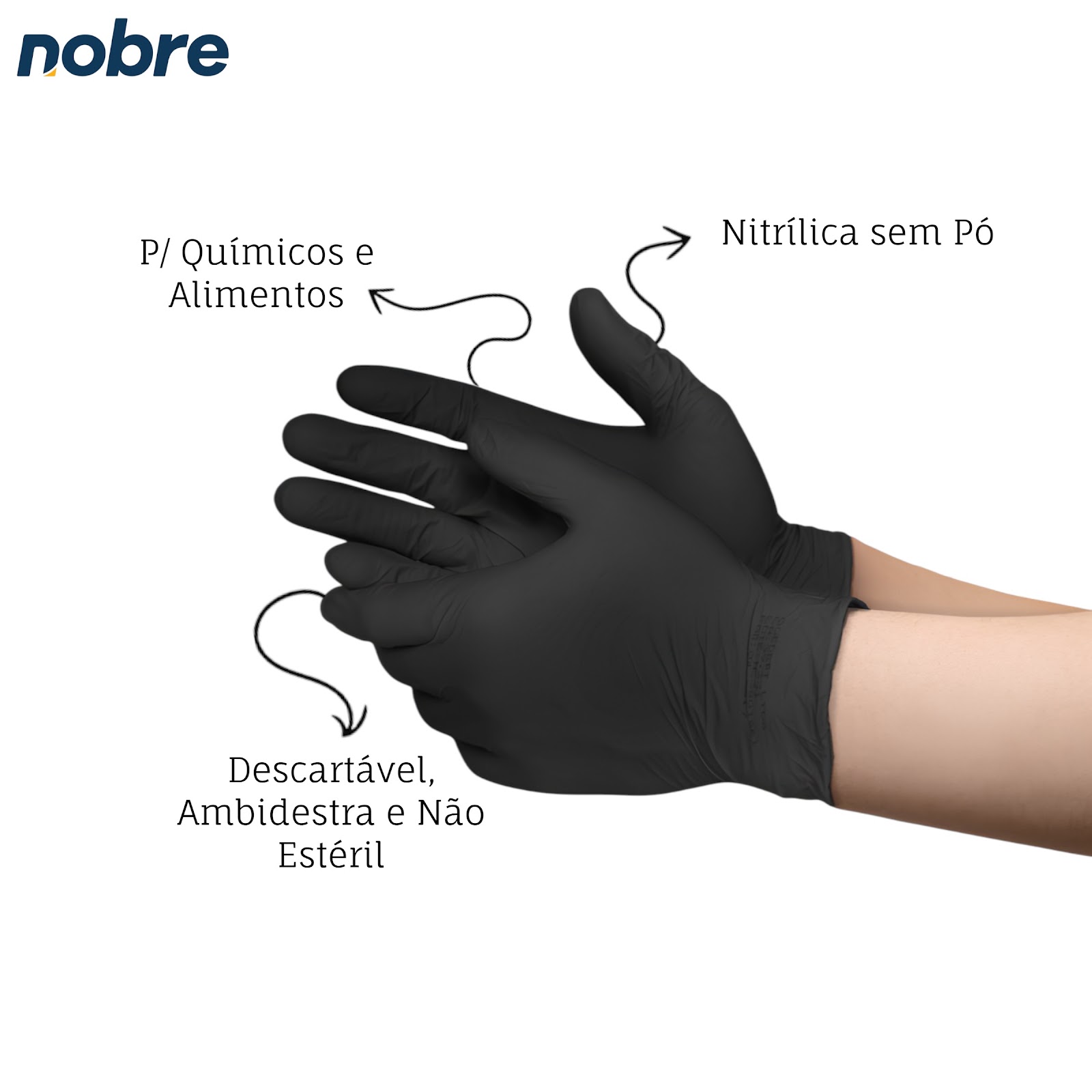 Caixa com 100 Luvas Nitrílicas sem Pó P Nobre Proteção Químicos Descartável Preta