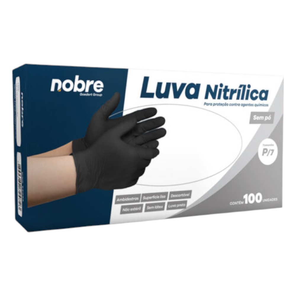 Caixa com 100 Luvas Nitrílicas sem Pó P Nobre Proteção Químicos Descartável Preta