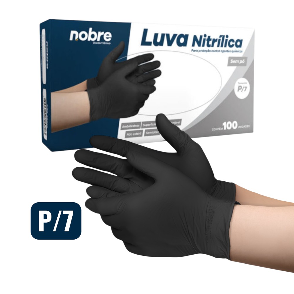 Caixa com 100 Luvas Nitrílicas sem Pó P Nobre Proteção Químicos Descartável Preta