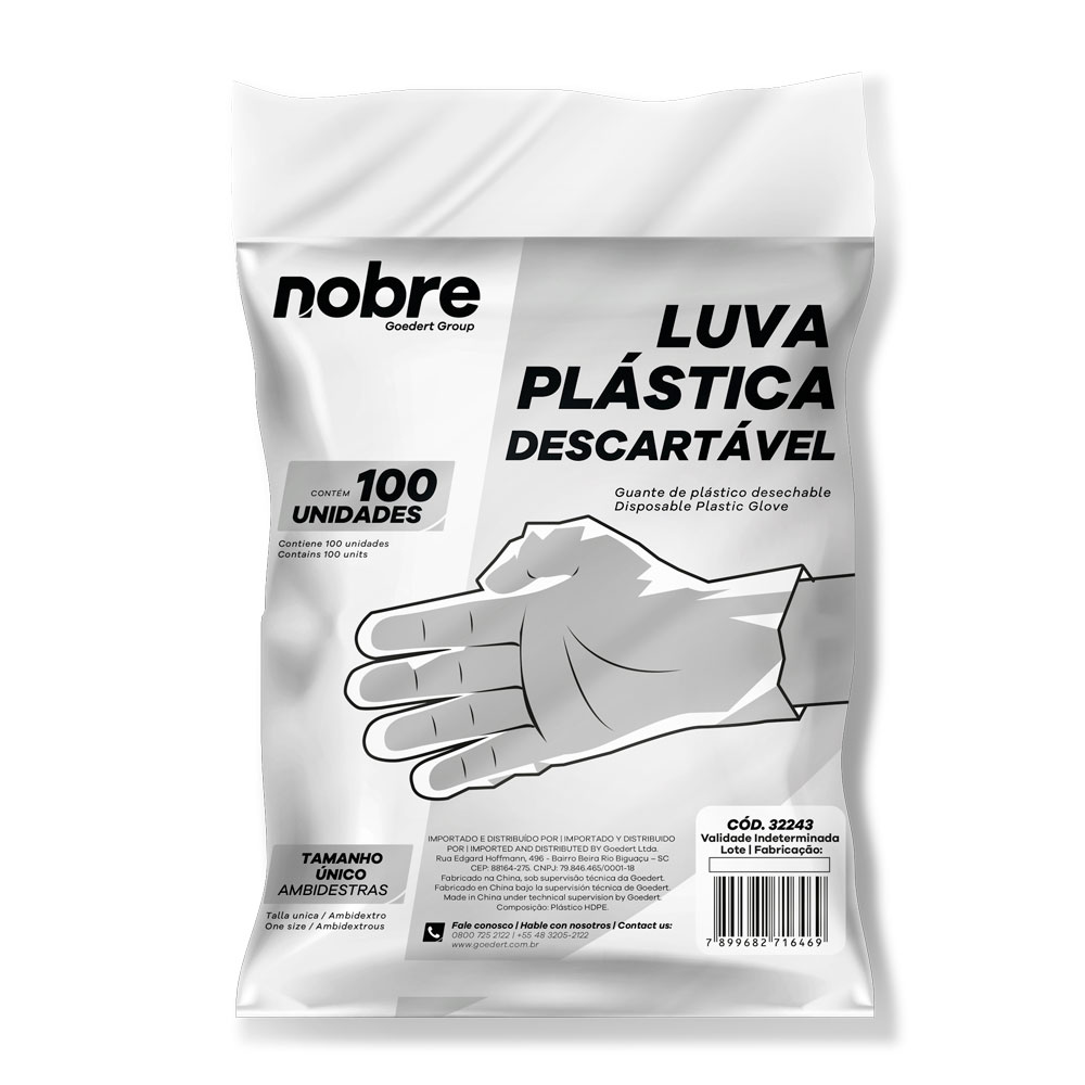 Kit 100 Luvas Plásticas Descartáveis HDPE Nobre Tamanho Único Ambidestras
