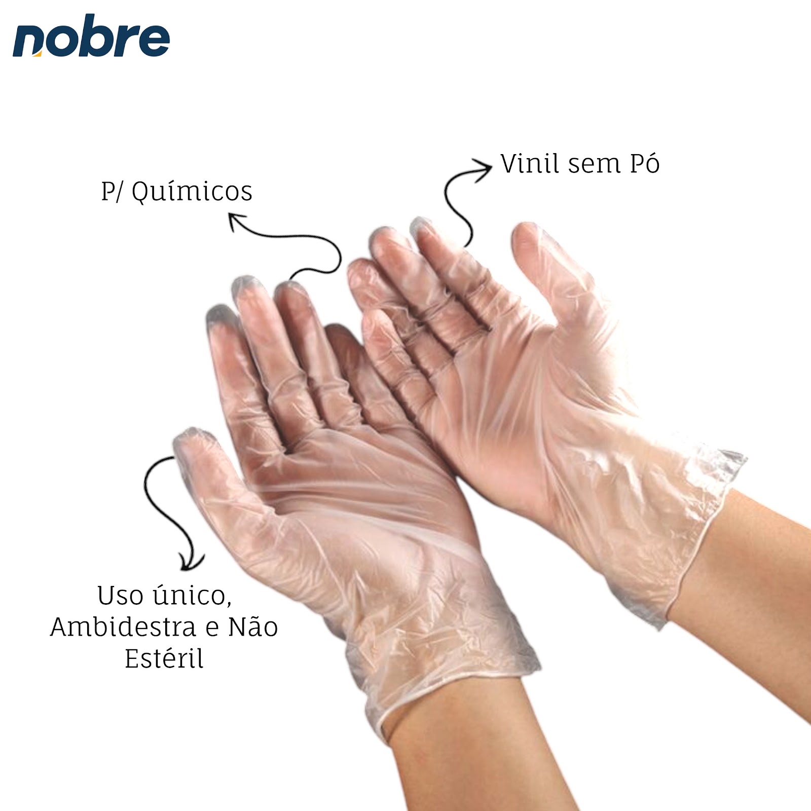 Caixa com 100 Luvas Vinil s/ Pó G Nobre CA 41265 p/ Químicos e Saúde Transparente