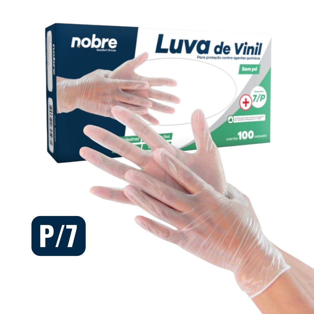 Caixa com 100 Luvas Vinil s/ Pó P Nobre CA 41265 p/ Químicos e Saúde Transparente