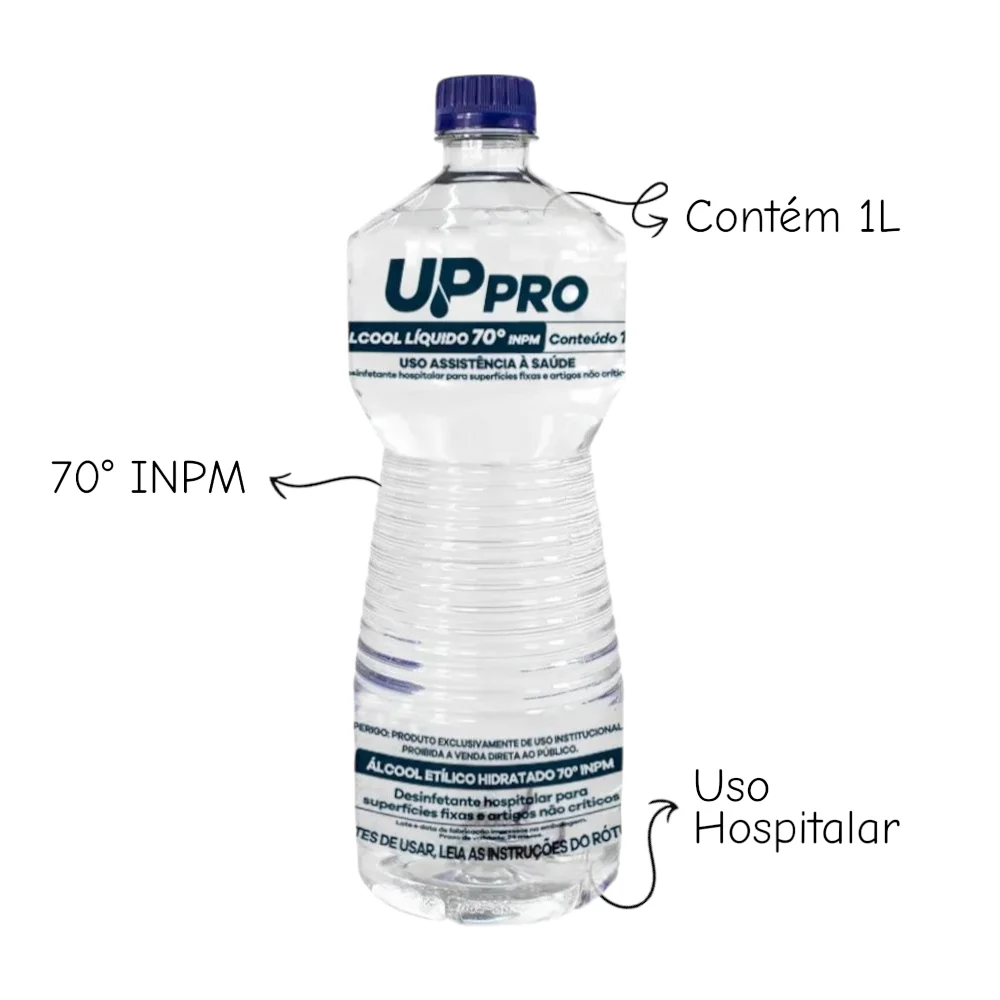 Kit 2 Álcool Líquido 70% 1L UPPRO – Desinfetante Hospitalar Antisséptico Multiuso
