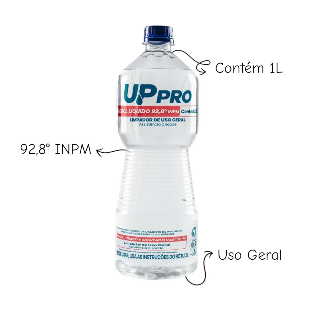 Kit 3 Álcool Líquido 92,8° 1L UPPRO – Alta Concentração, Limpeza Pesada e Rápida Evaporação