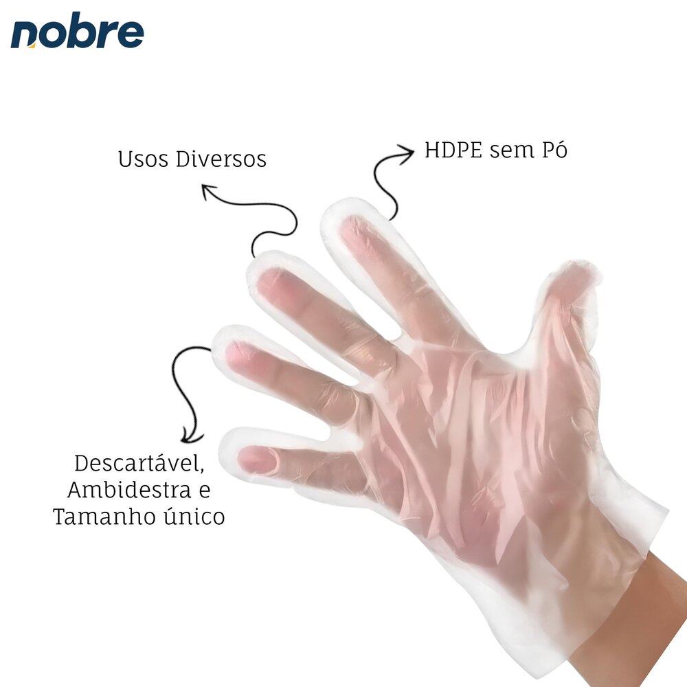 Kit 500 Luvas Plásticas Descartáveis HDPE Nobre Tamanho Único Ambidestras
